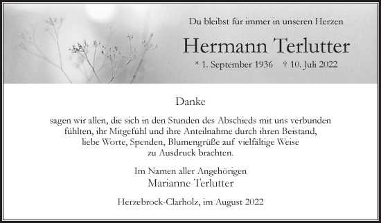 Traueranzeige von Hermann Terlutter von Die Glocke