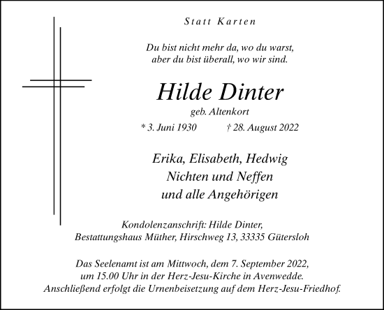 Traueranzeige von Hilde Dinter von Die Glocke