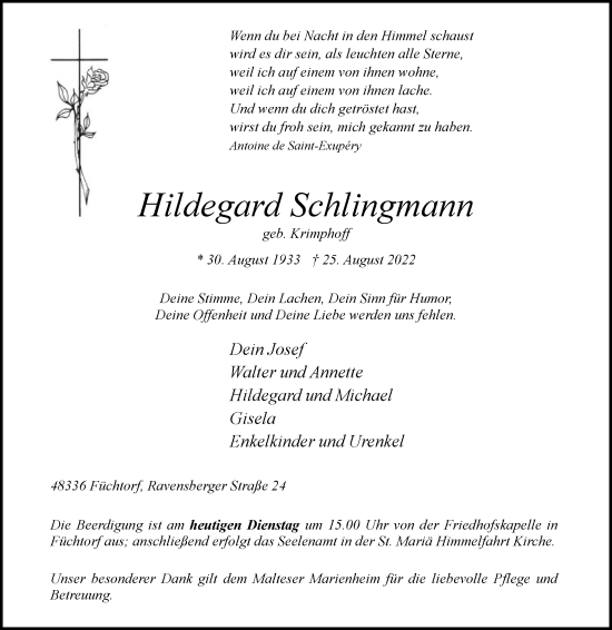 Traueranzeige von Hildegard Schlingmann von Die Glocke