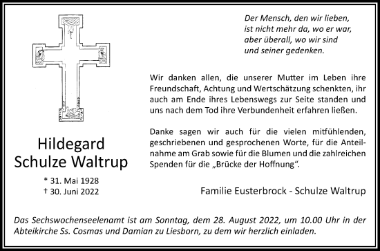 Traueranzeige von Hildegard  Schulze Waltrup von Die Glocke