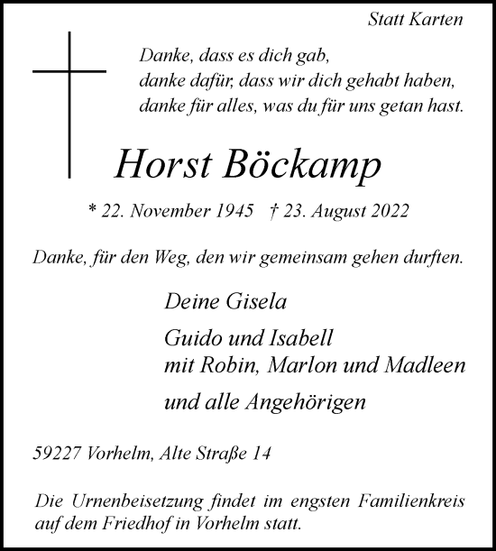 Traueranzeige von Horst Böckamp von Die Glocke