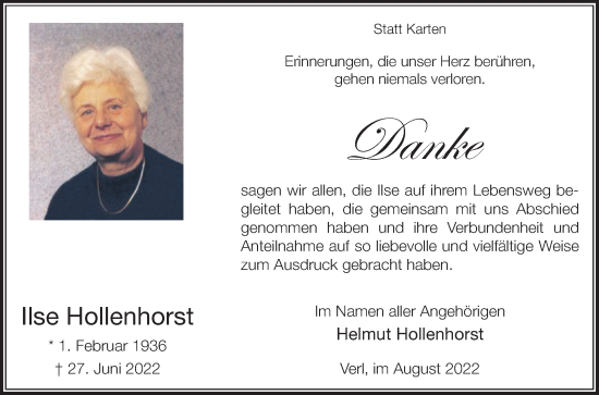 Traueranzeige von Ilse Hollenhorst von Die Glocke