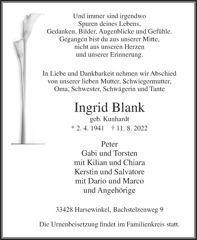  Traueranzeige für Ingrid Blank vom 20.08.2022 aus Die Glocke