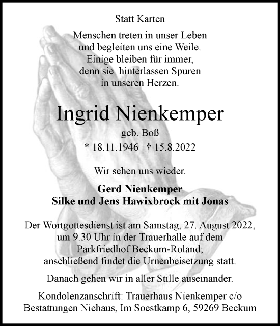 Traueranzeige von Ingrid Nienkemper von Die Glocke