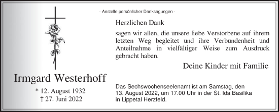 Traueranzeige von Irmgard Westerhoff von Die Glocke