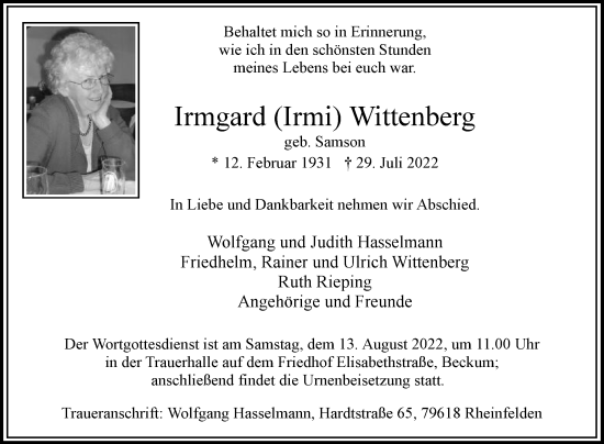 Traueranzeige von Irmgard Wittenberg von Die Glocke