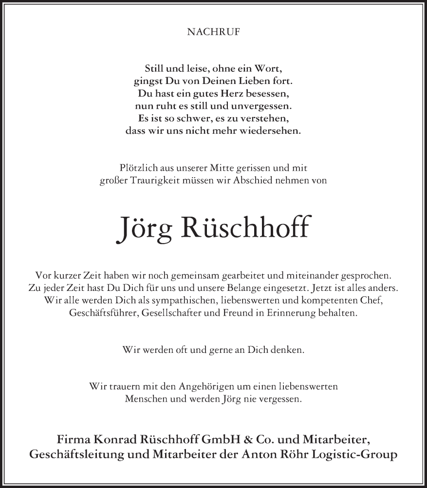  Traueranzeige für Jörg Rüschhoff vom 18.08.2022 aus Die Glocke