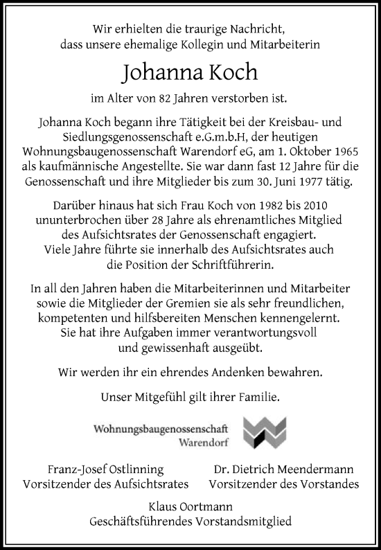 Traueranzeige von Johanna Koch von Die Glocke