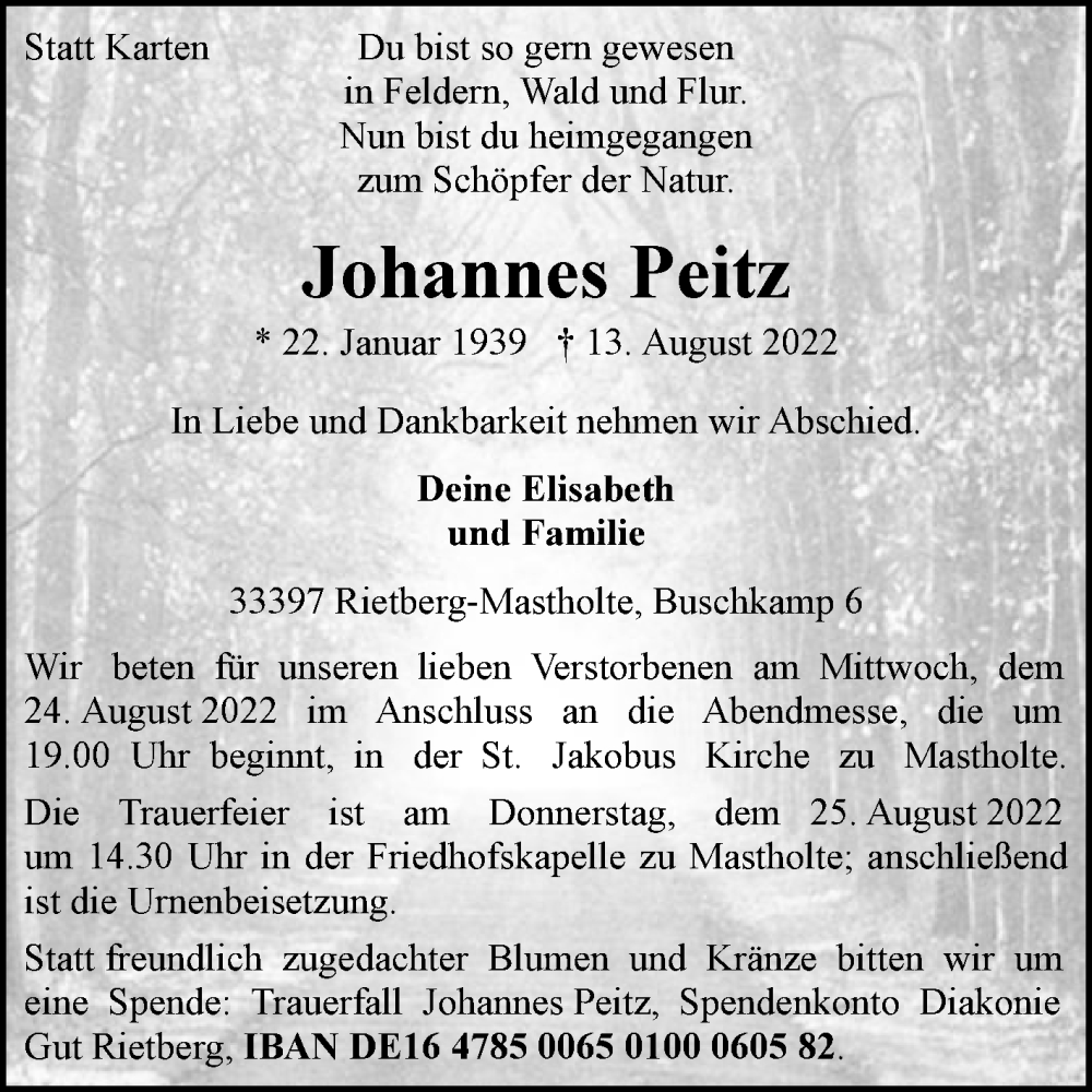  Traueranzeige für Johannes Peitz vom 20.08.2022 aus Die Glocke