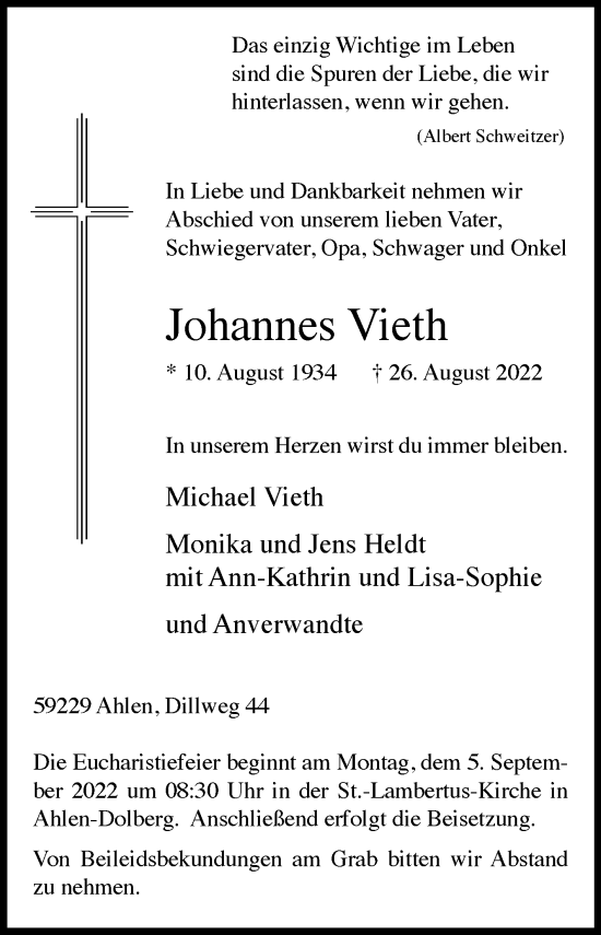 Traueranzeige von Johannes Vieth von Die Glocke
