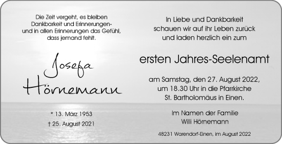 Traueranzeige von Josefa Hörnemann von Die Glocke