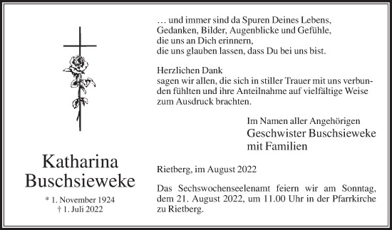 Traueranzeige von Katharina Buschsieweke von Die Glocke