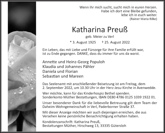 Traueranzeige von Katharina Preuß von Die Glocke