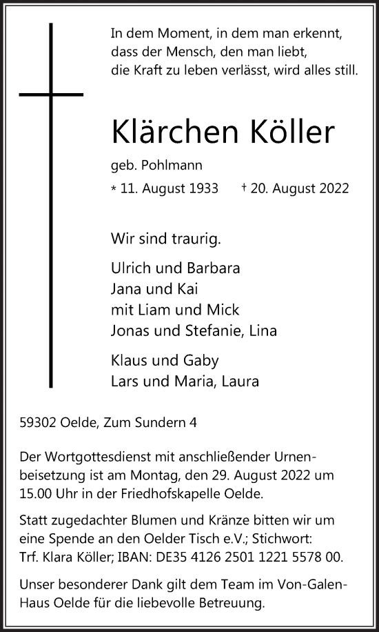 Traueranzeige von Klärchen Köller von Die Glocke
