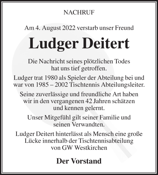 Traueranzeige von Ludger Deitert von Die Glocke