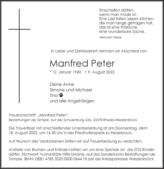 Traueranzeige von Manfred Peter von Die Glocke