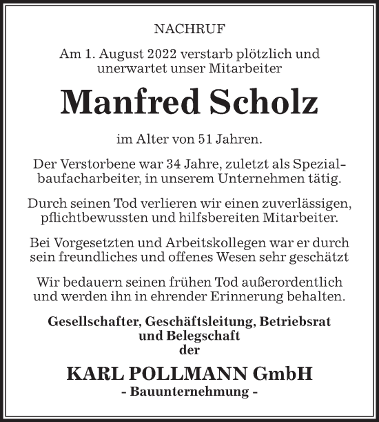 Traueranzeige von Manfred Scholz von Die Glocke