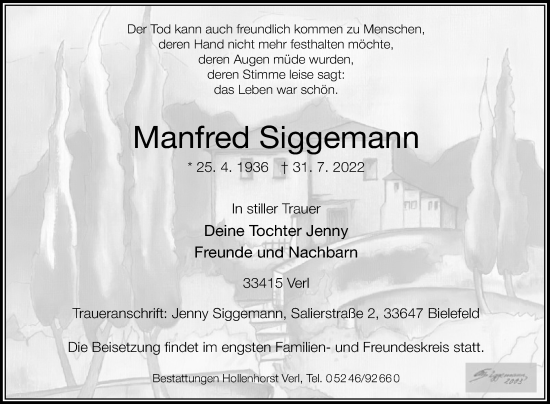 Traueranzeige von Manfred Siggemann von Die Glocke
