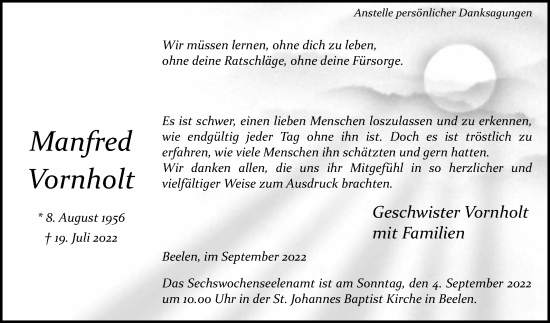 Traueranzeige von Manfred Vornholt von Die Glocke