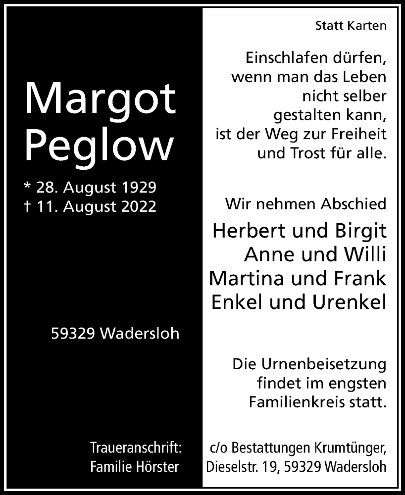  Traueranzeige für Margot Peglow vom 17.08.2022 aus Die Glocke
