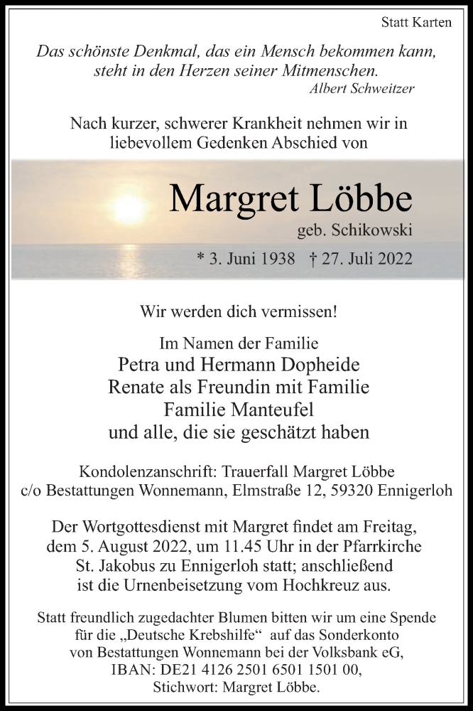  Traueranzeige für Margret Löbbe vom 02.08.2022 aus Die Glocke