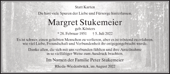 Traueranzeige von Margret Stukemeier von Die Glocke