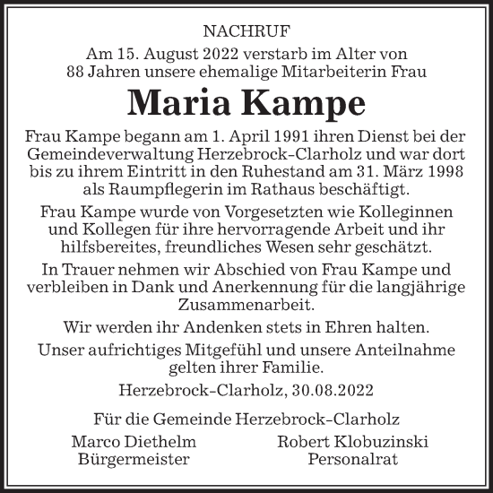 Traueranzeige von Maria Kampe von Die Glocke