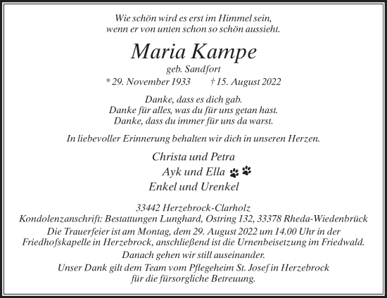 Traueranzeige von Maria Kampe von Die Glocke