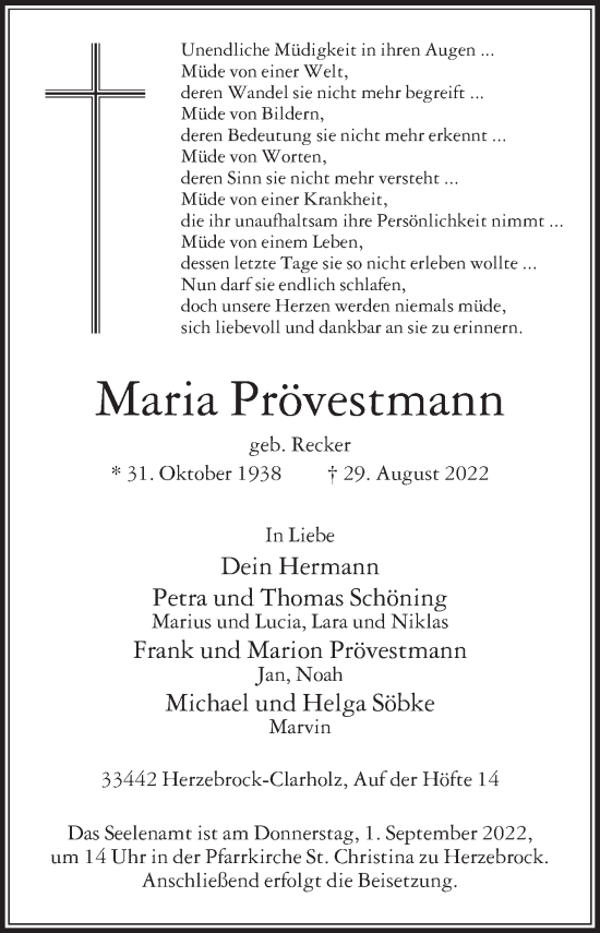 Traueranzeige von Maria Prövestmann von Die Glocke