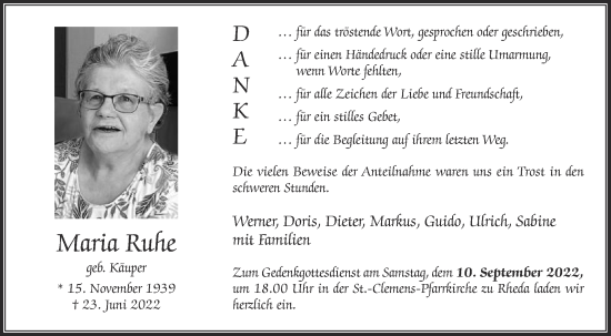 Traueranzeige von Maria Ruhe von Die Glocke