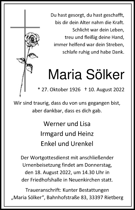 Traueranzeige von Maria Sölker von Die Glocke