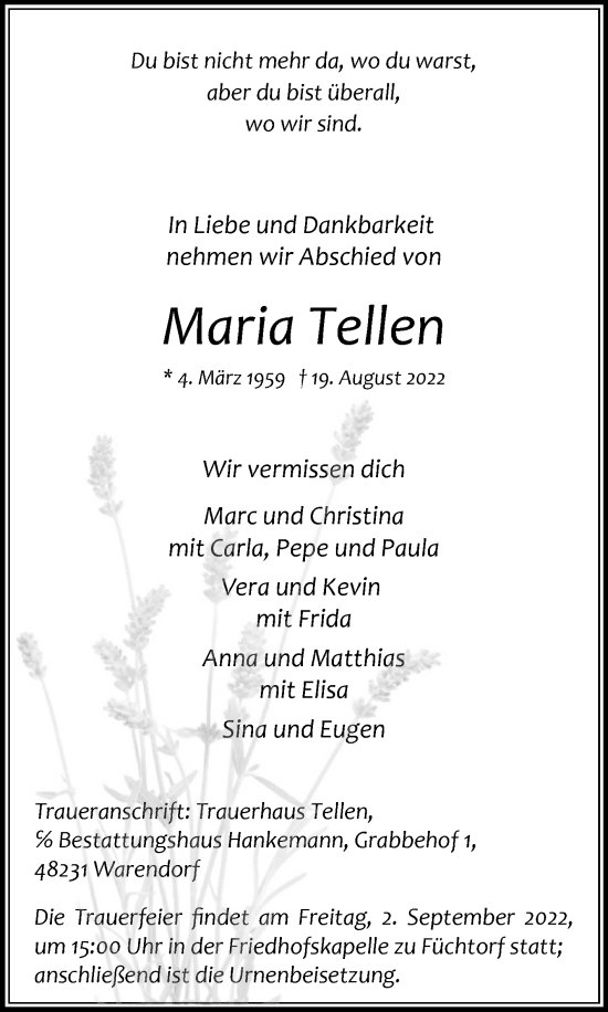 Traueranzeige von Maria Tellen von Die Glocke