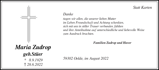 Traueranzeige von Maria Zudrop von Die Glocke