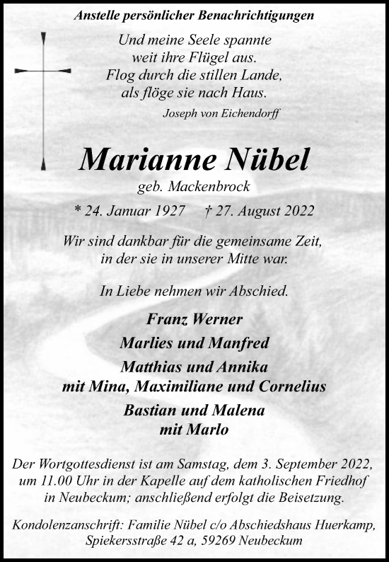 Traueranzeige von Marianne Nübel von Die Glocke