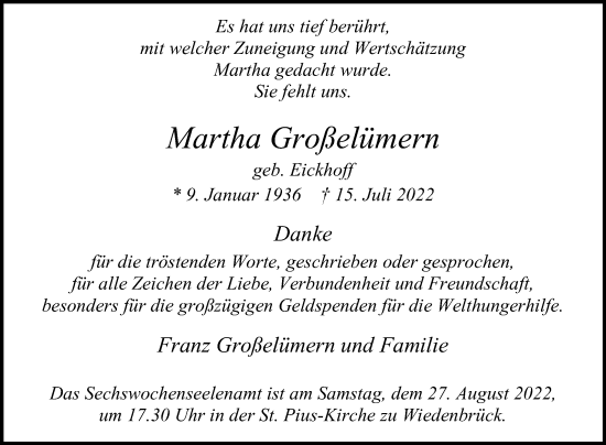 Traueranzeige von Martha Großelümern von Die Glocke