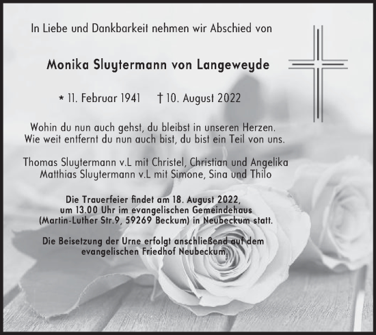 Traueranzeige von Monika Sluytermann von Langeweyde von Die Glocke