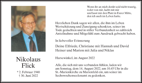 Traueranzeige von Nikolaus Flick von Die Glocke