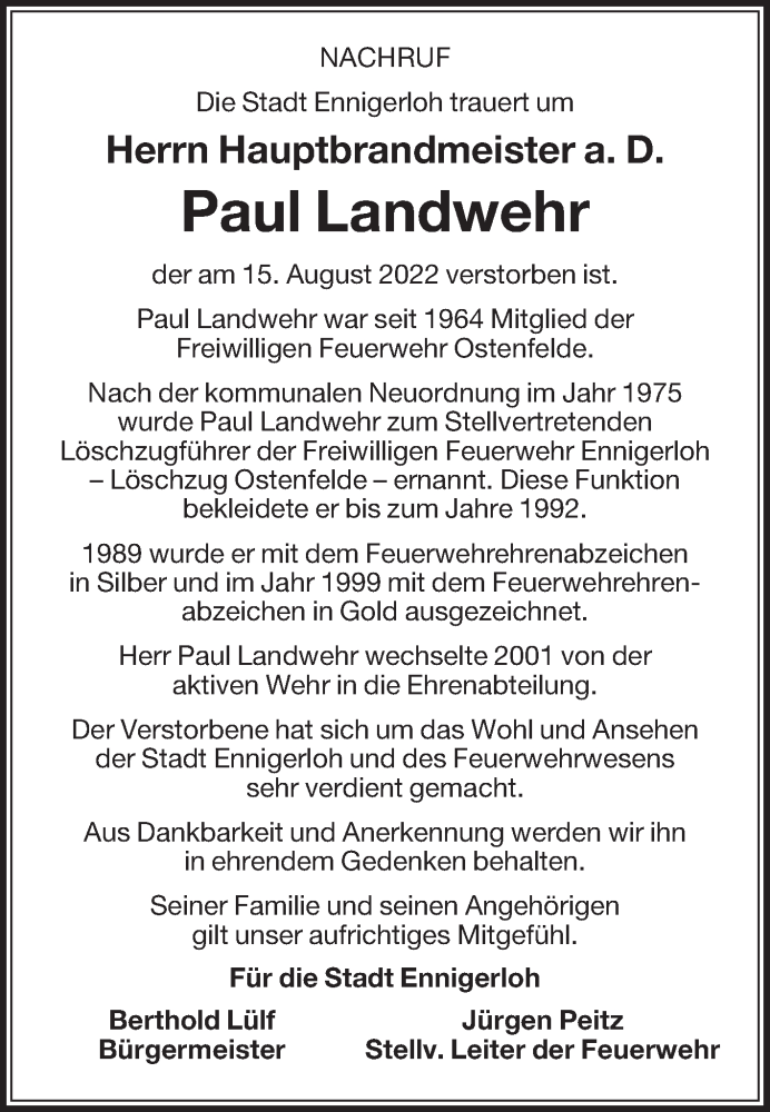  Traueranzeige für Paul Landwehr vom 20.08.2022 aus Die Glocke