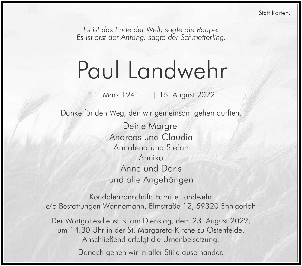  Traueranzeige für Paul Landwehr vom 20.08.2022 aus Die Glocke