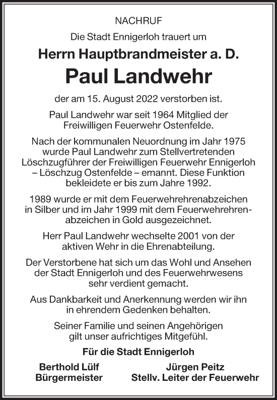 Traueranzeige von Paul Landwehr von Die Glocke