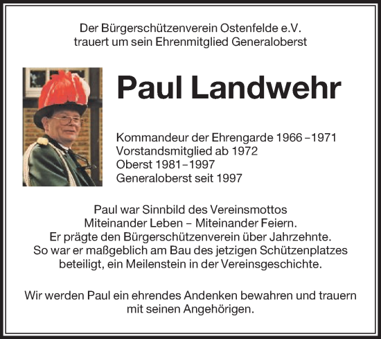 Traueranzeige von Paul Landwehr von Die Glocke