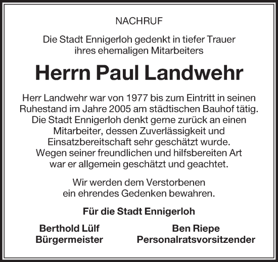 Traueranzeige von Paul Landwehr von Die Glocke