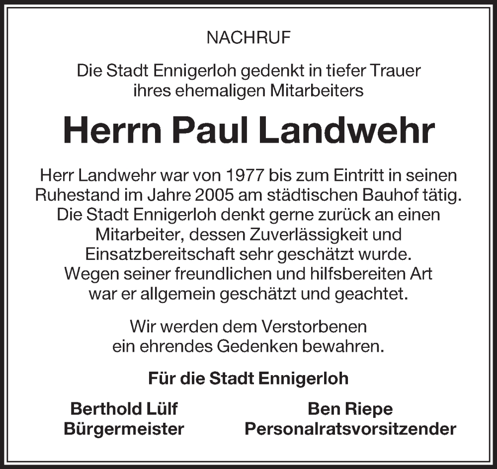  Traueranzeige für Paul Landwehr vom 20.08.2022 aus Die Glocke