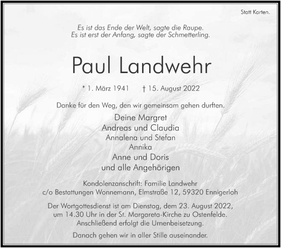 Traueranzeige von Paul Landwehr von Die Glocke