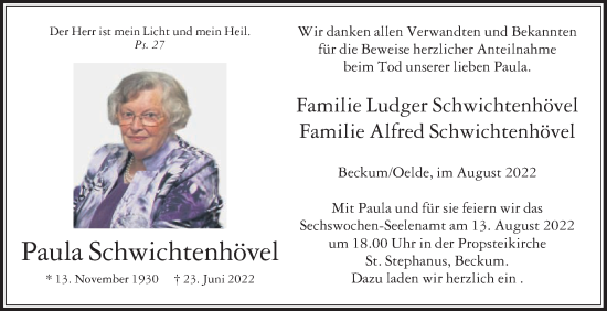 Traueranzeige von Paula Schwichtenhövel von Die Glocke