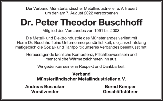 Traueranzeige von Peter Theodor Buschhoff von Die Glocke