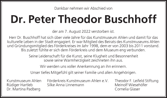 Traueranzeige von Peter Theodor Buschhoff von Die Glocke