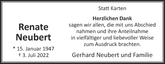 Traueranzeige von Renate Neubert von Die Glocke