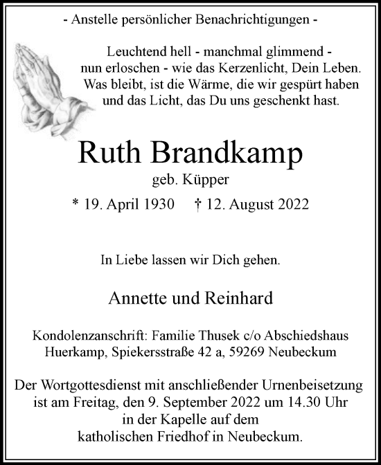 Traueranzeige von Ruth Brandkamp von Die Glocke