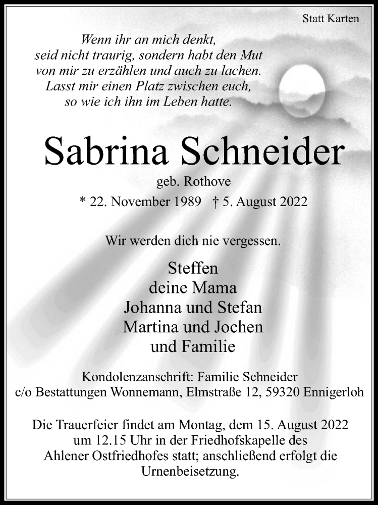  Traueranzeige für Sabrina Schneider vom 10.08.2022 aus Die Glocke
